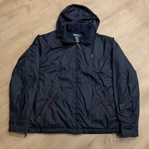 Vintage 90s Polo Ralph Lauren Softshell Bomber Jacket Men's L Stored Hood Navy